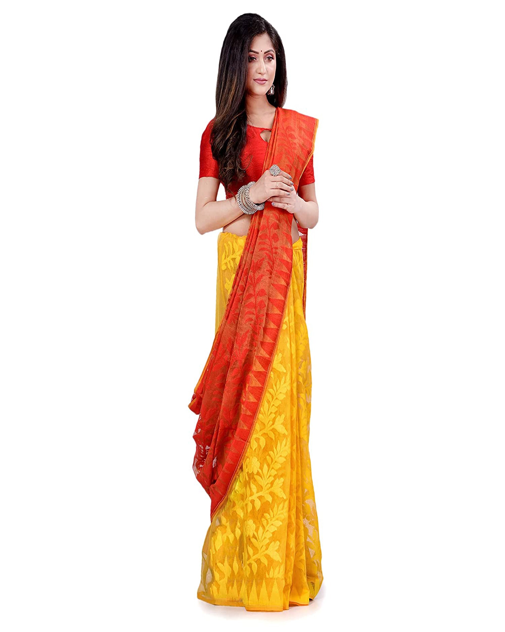 Piyari Fashion Cotton Blend Handloom Yellow Orange Jamdani Saree - Distacart