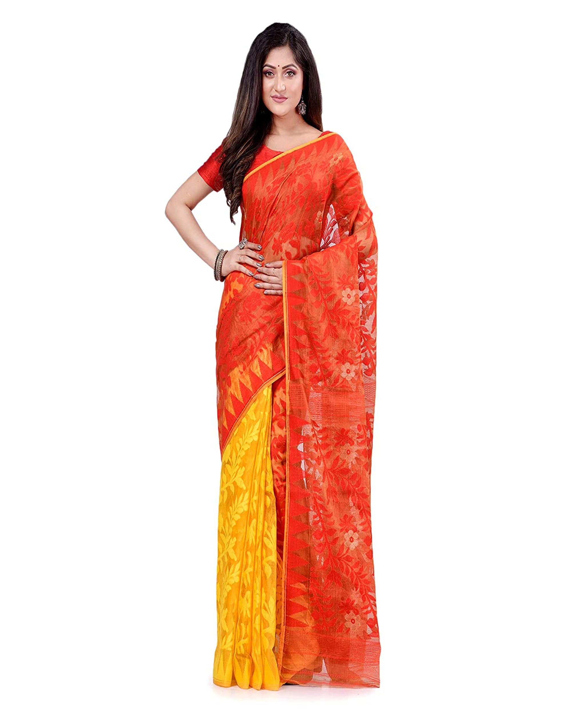 Piyari Fashion Cotton Blend Handloom Yellow Orange Jamdani Saree - Distacart