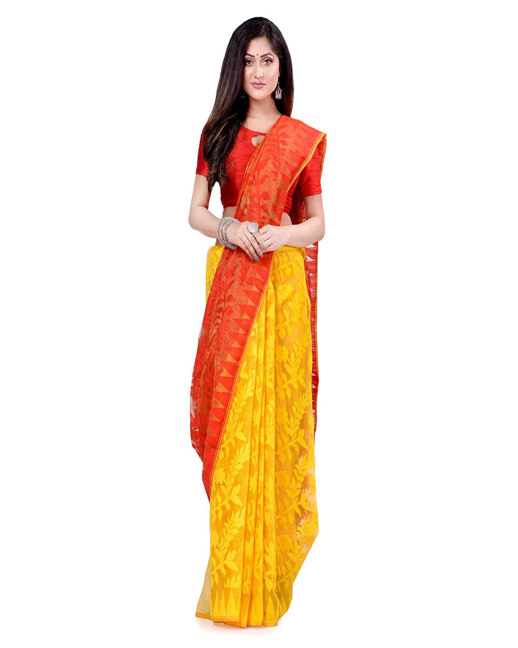 Piyari Fashion Cotton Blend Handloom Yellow Orange Jamdani Saree - Distacart