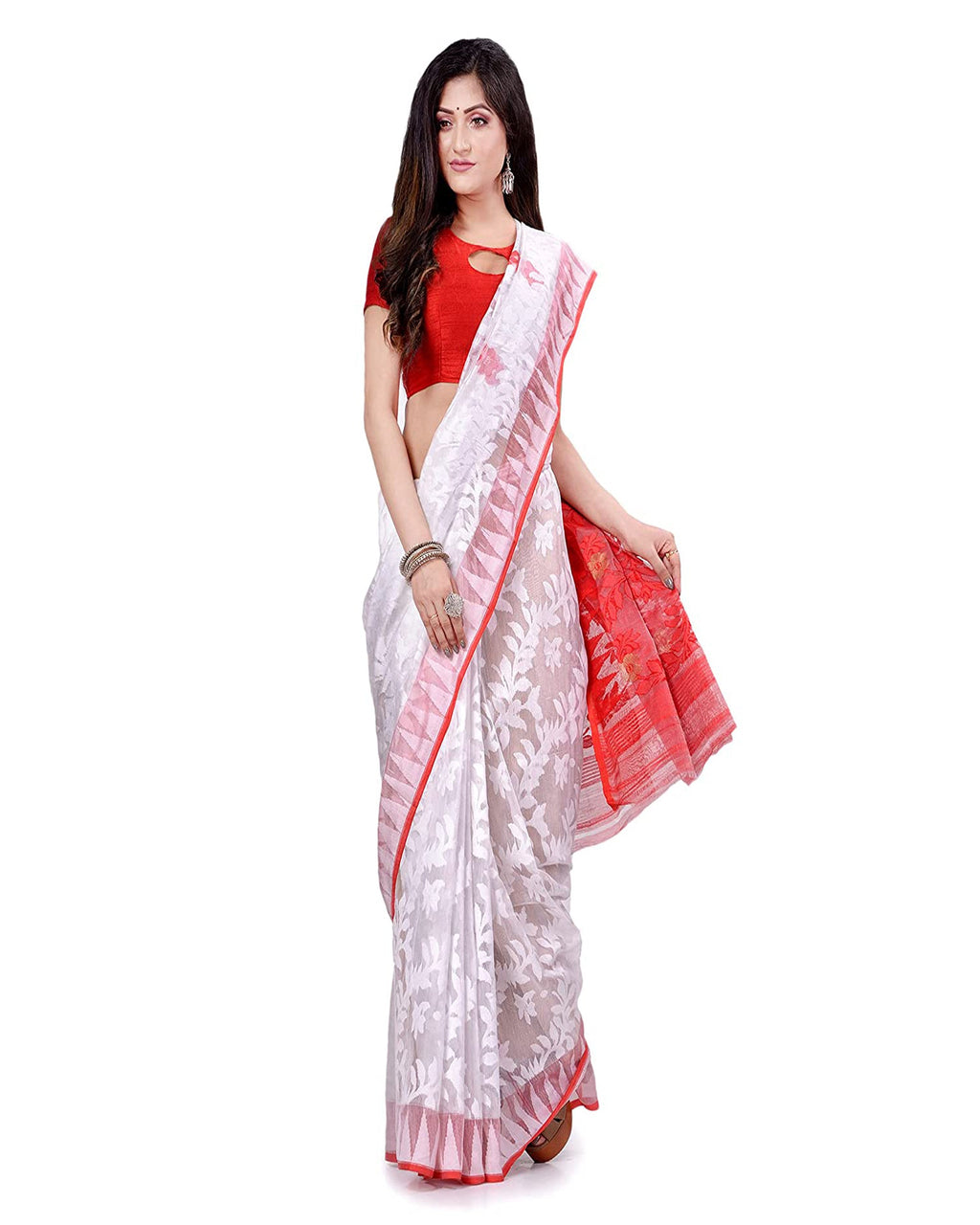 Piyari Fashion Cotton Blend Handloom White Jamdani Saree - Distacart
