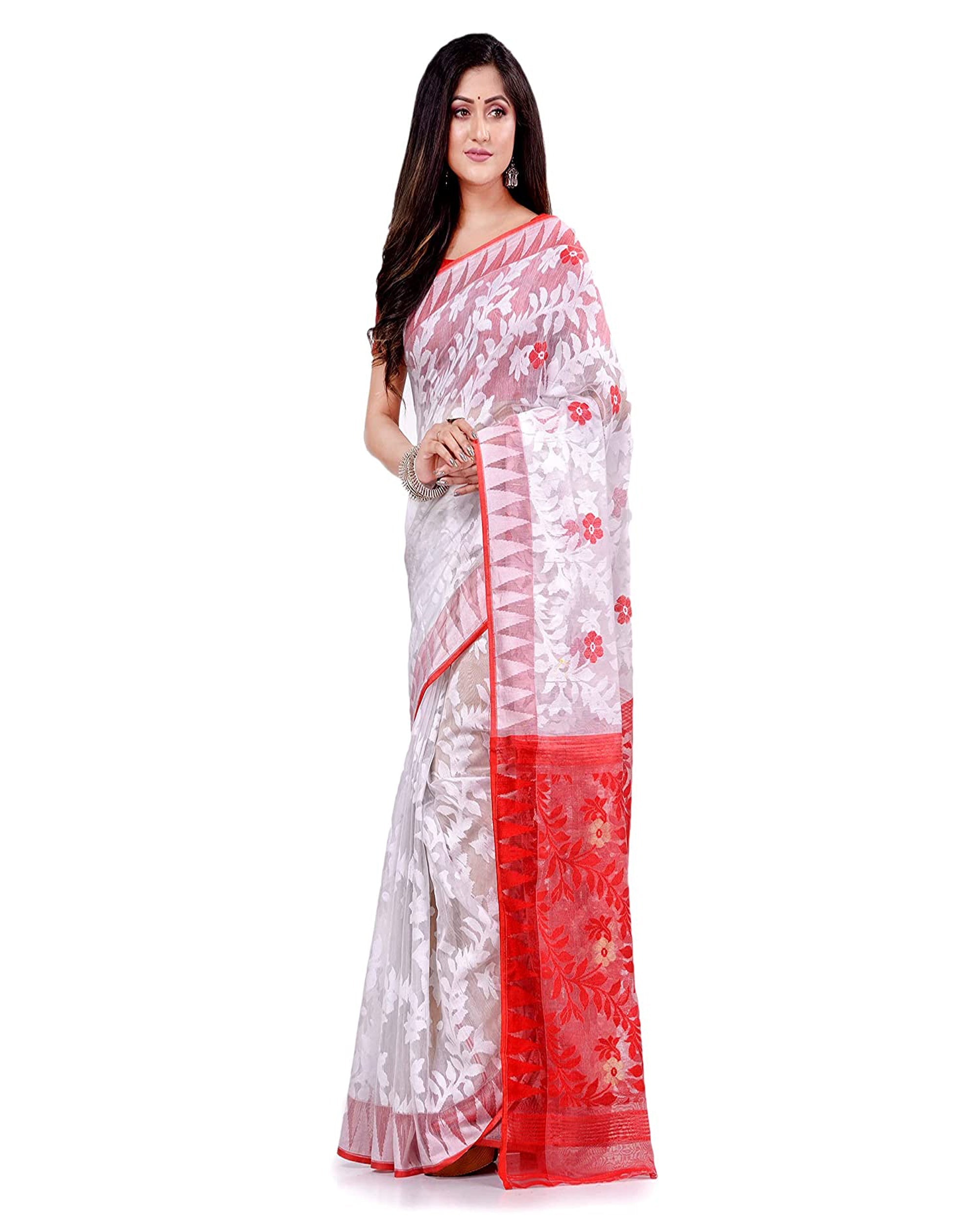 Piyari Fashion Cotton Blend Handloom White Jamdani Saree - Distacart
