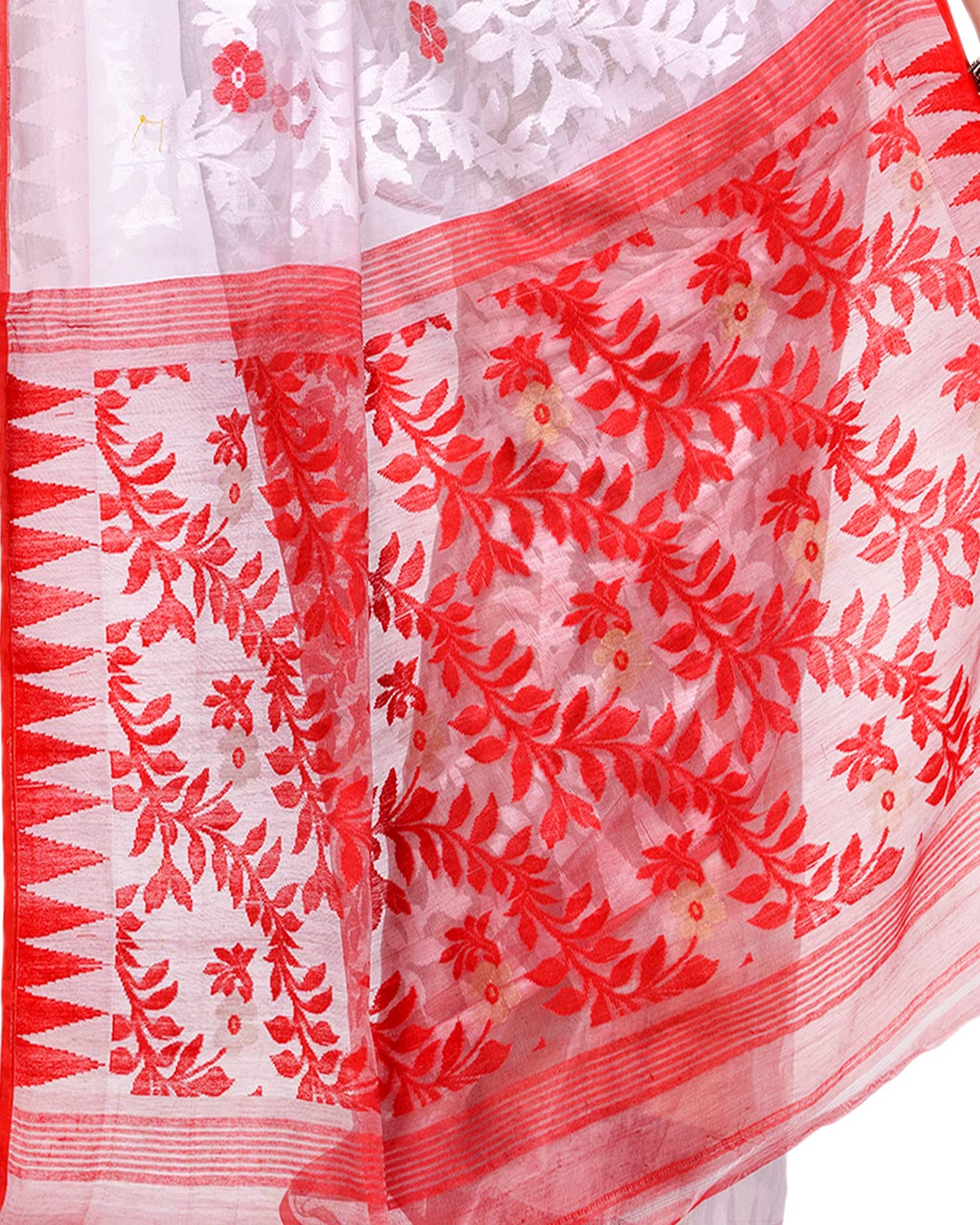 Piyari Fashion Cotton Blend Handloom White Jamdani Saree - Distacart