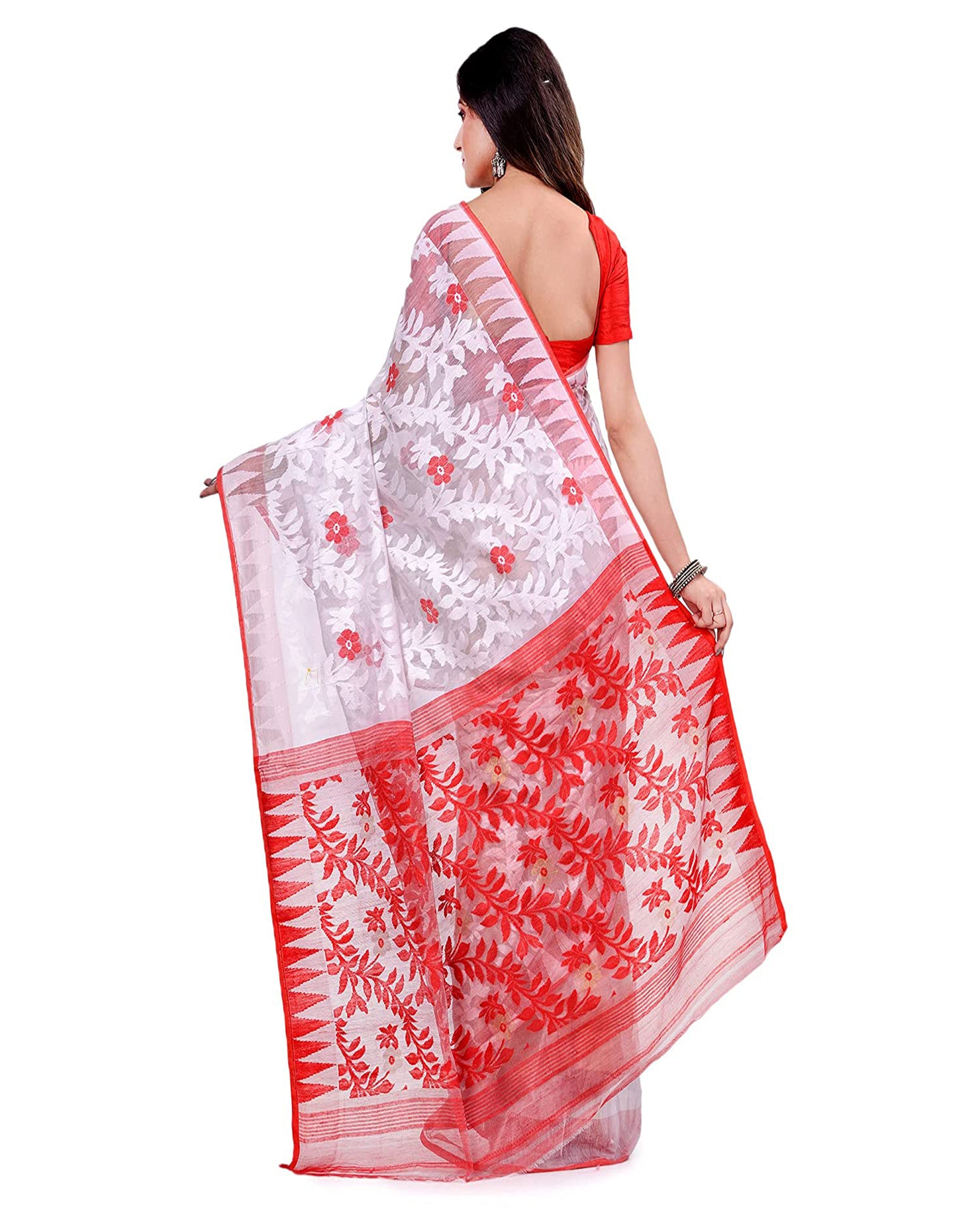 Piyari Fashion Cotton Blend Handloom White Jamdani Saree - Distacart