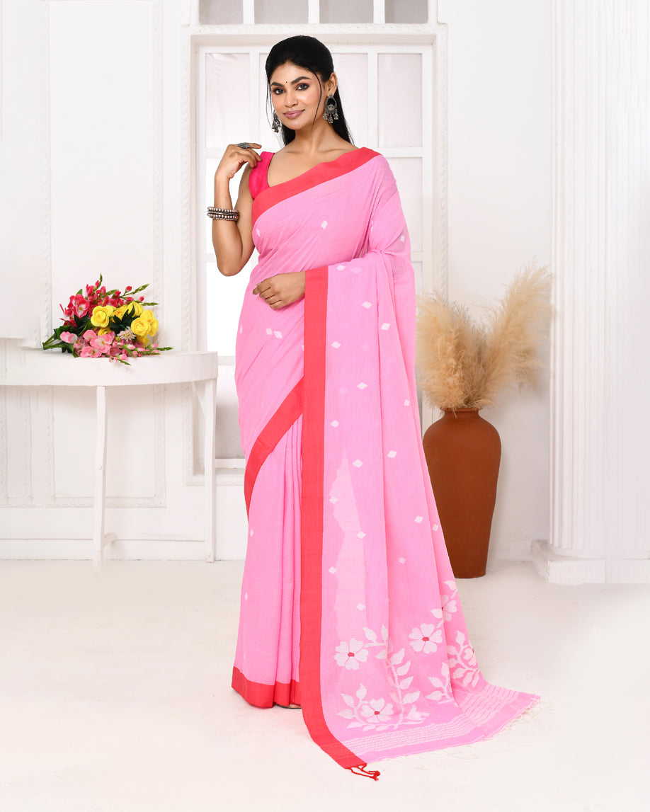 Piyari Fashion Women's Pink Cotton Handloom Jamdani Saree With Blouse - Distacart