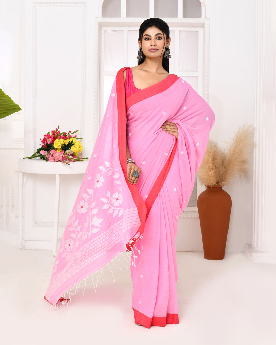 Piyari Fashion Women's Pink Cotton Handloom Jamdani Saree With Blouse - Distacart