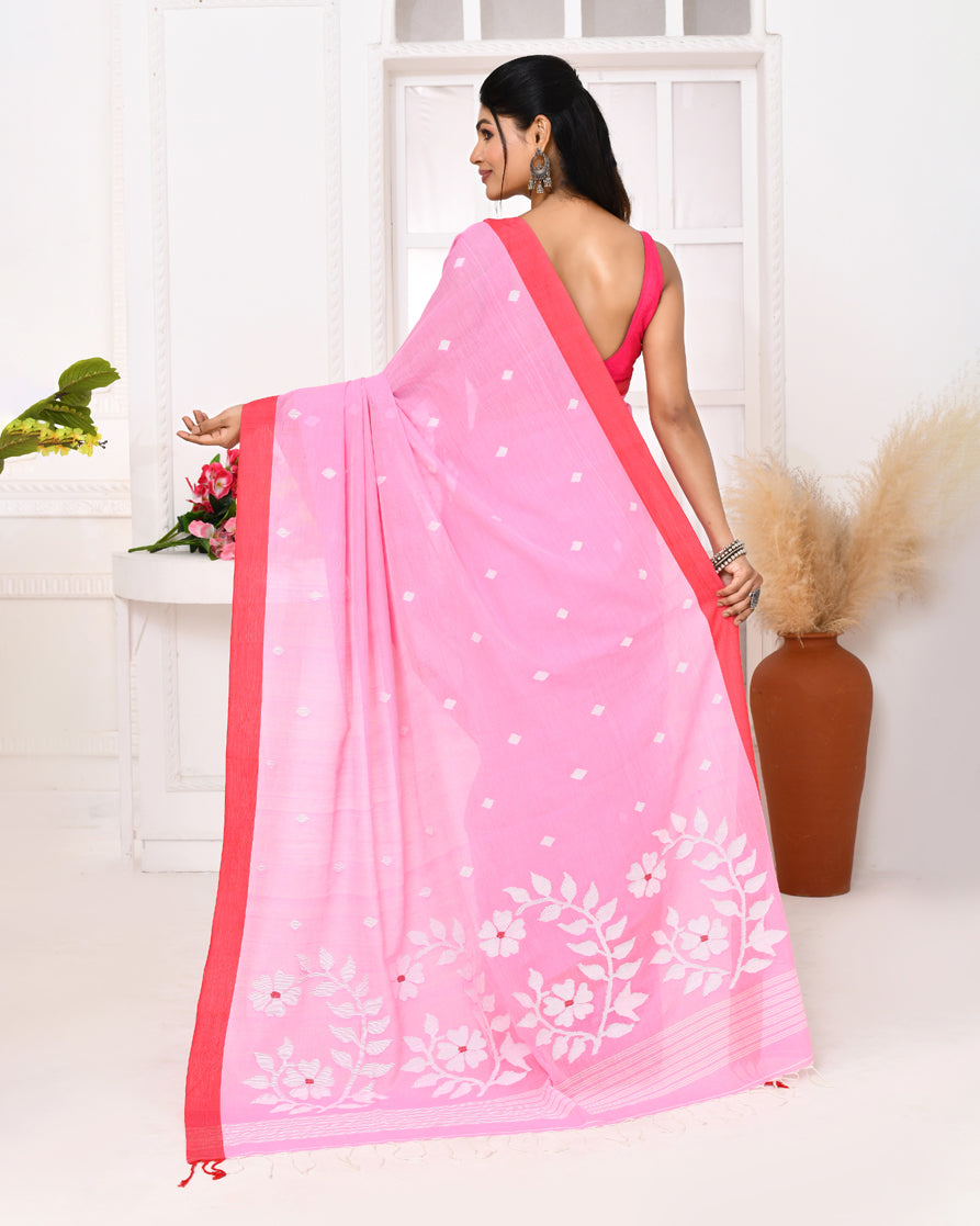 Piyari Fashion Women's Pink Cotton Handloom Jamdani Saree With Blouse - Distacart