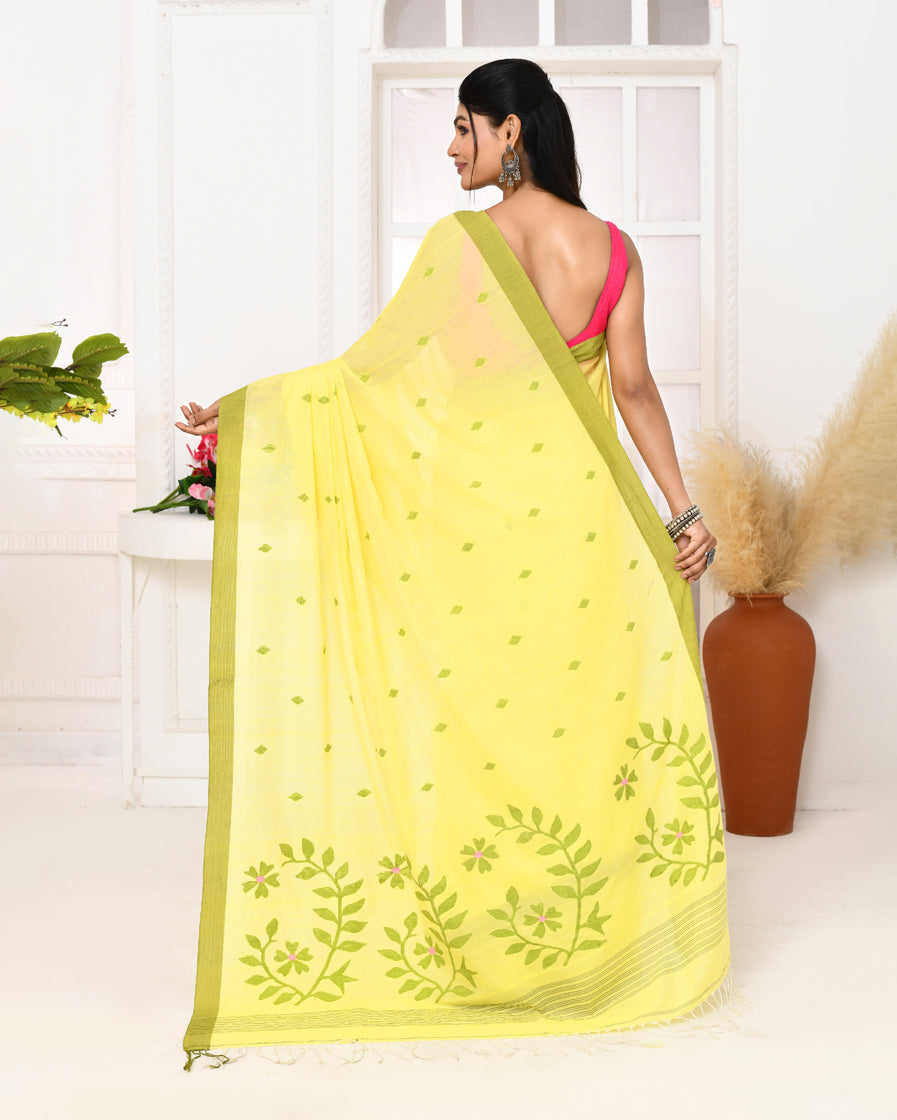 Piyari Fashion Women's Light Lemon Yellow Cotton Handloom Jamdani Saree With Blouse - Distacart