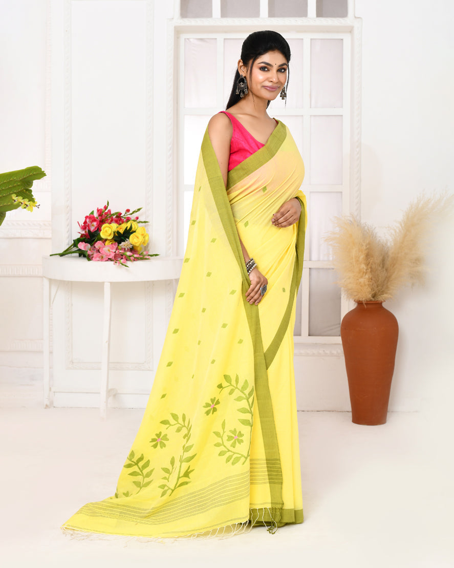 Piyari Fashion Women's Light Lemon Yellow Cotton Handloom Jamdani Saree With Blouse - Distacart