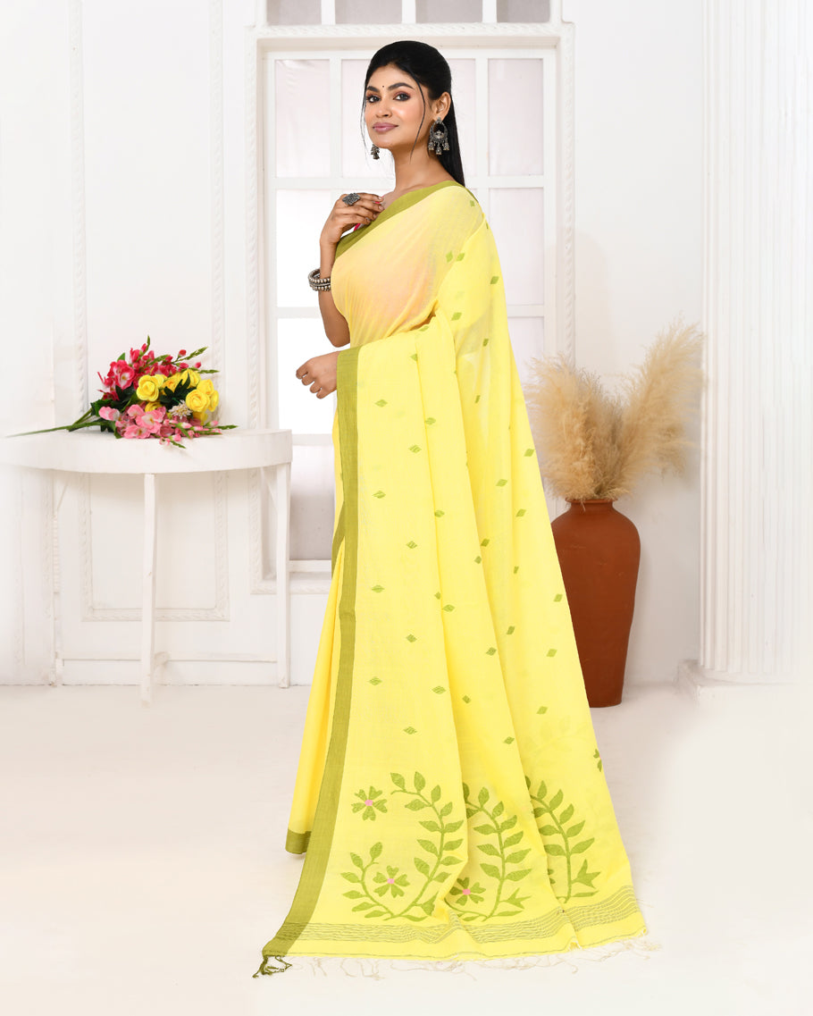 Piyari Fashion Women's Light Lemon Yellow Cotton Handloom Jamdani Saree With Blouse - Distacart