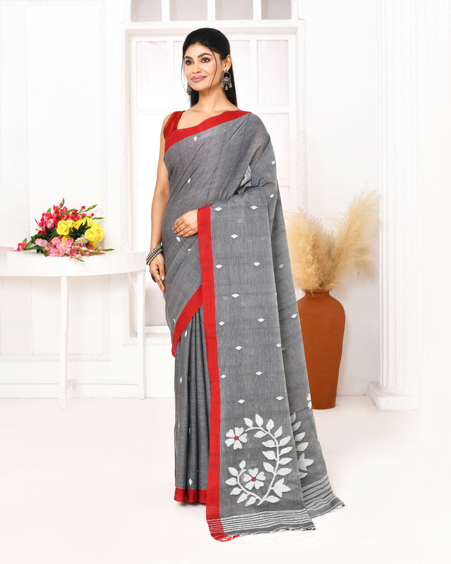 Piyari Fashion Women's Grey Cotton Handloom Jamdani Saree With Blouse - Distacart