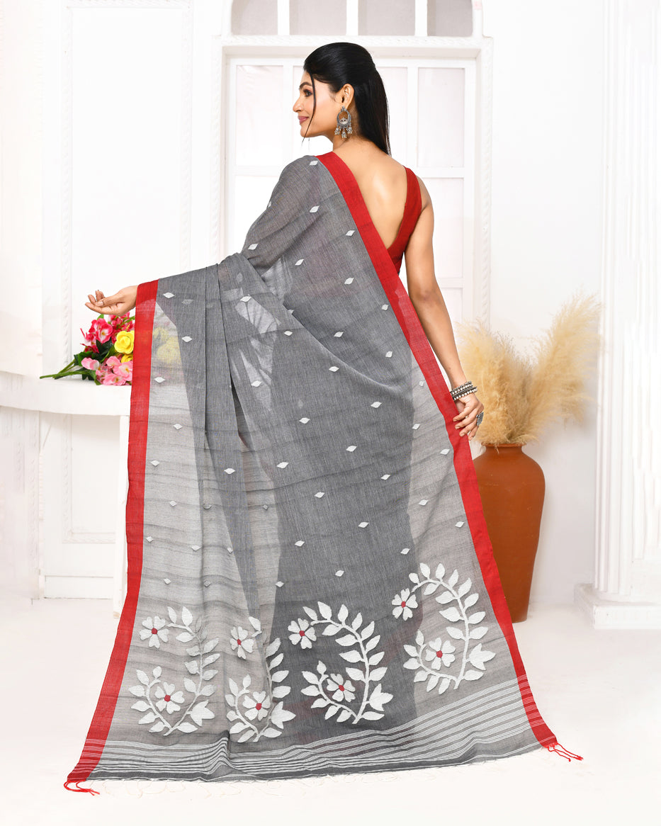 Piyari Fashion Women's Grey Cotton Handloom Jamdani Saree With Blouse - Distacart