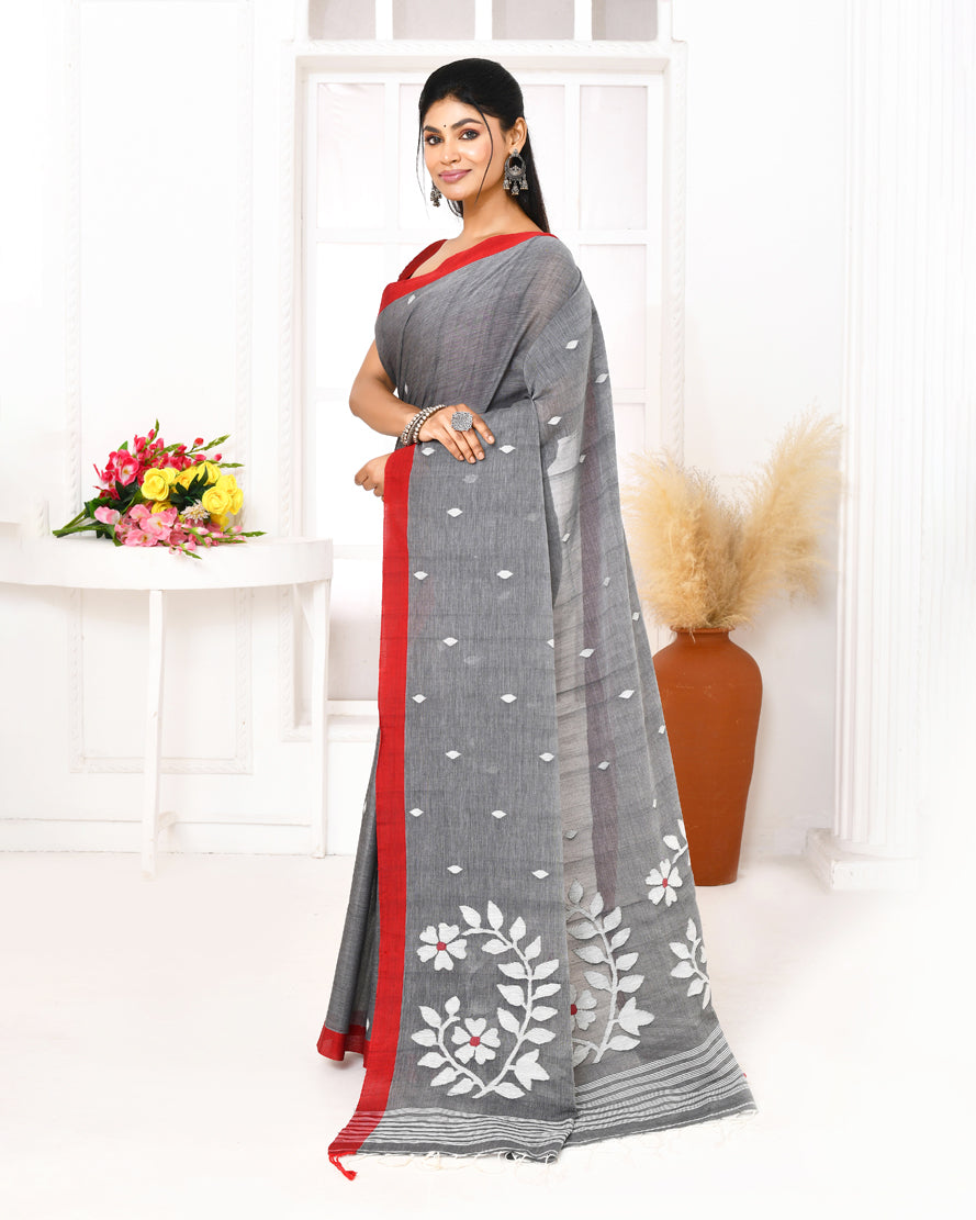 Piyari Fashion Women's Grey Cotton Handloom Jamdani Saree With Blouse - Distacart