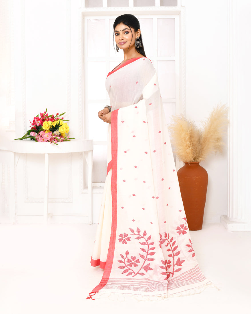 Piyari Fashion Women's White Cotton Handloom Jamdani Saree With Blouse - Distacart