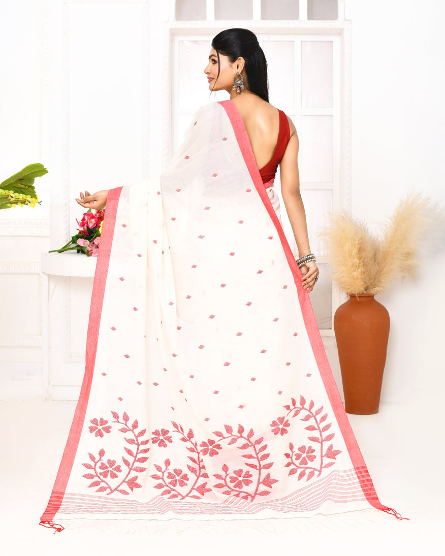 Piyari Fashion Women's White Cotton Handloom Jamdani Saree With Blouse - Distacart