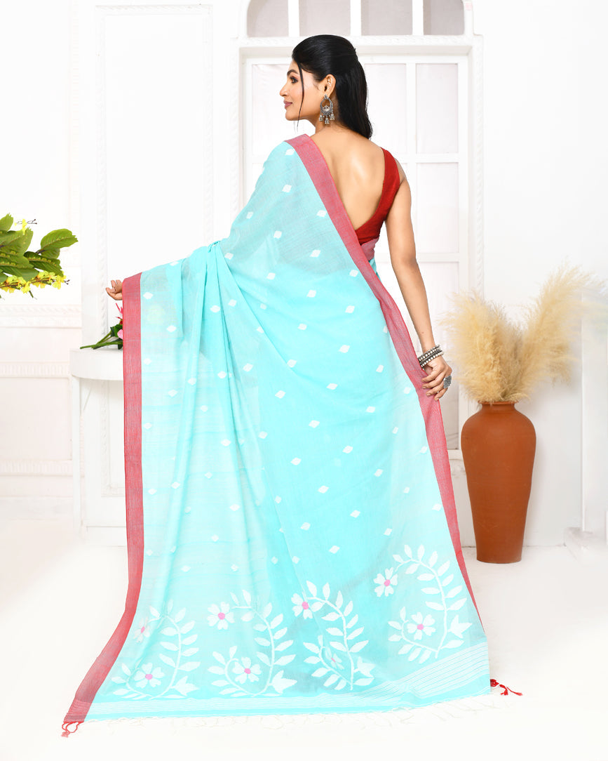 Piyari Fashion Women's Light Sky Blue Cotton Handloom Jamdani Saree With Blouse - Distacart