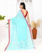 Piyari Fashion Women's Light Sky Blue Cotton Handloom Jamdani Saree With Blouse - Distacart