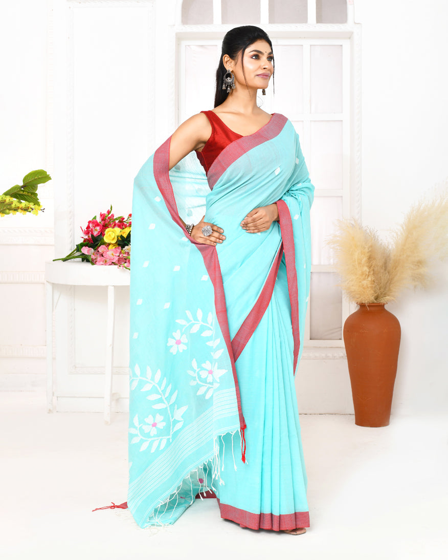 Piyari Fashion Women's Light Sky Blue Cotton Handloom Jamdani Saree With Blouse - Distacart