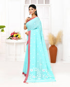 Piyari Fashion Women's Light Sky Blue Cotton Handloom Jamdani Saree With Blouse - Distacart