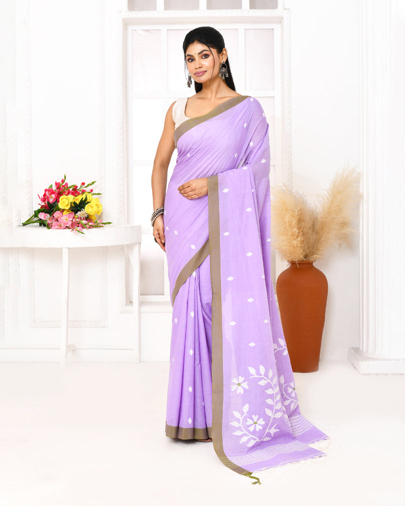 Piyari Fashion Women's Lavender Cotton Handloom Jamdani Saree With Blouse - Distacart