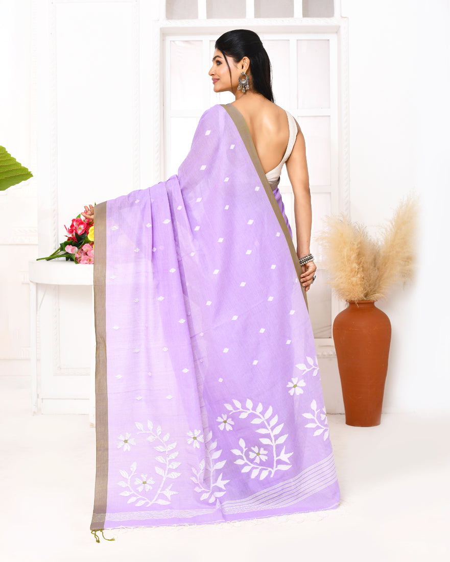 Piyari Fashion Women's Lavender Cotton Handloom Jamdani Saree With Blouse - Distacart