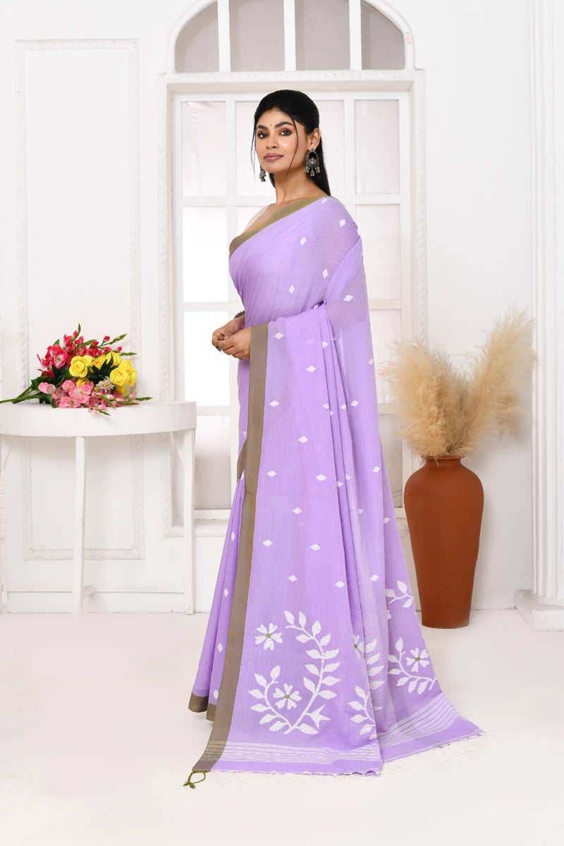 Piyari Fashion Women's Lavender Cotton Handloom Jamdani Saree With Blouse - Distacart