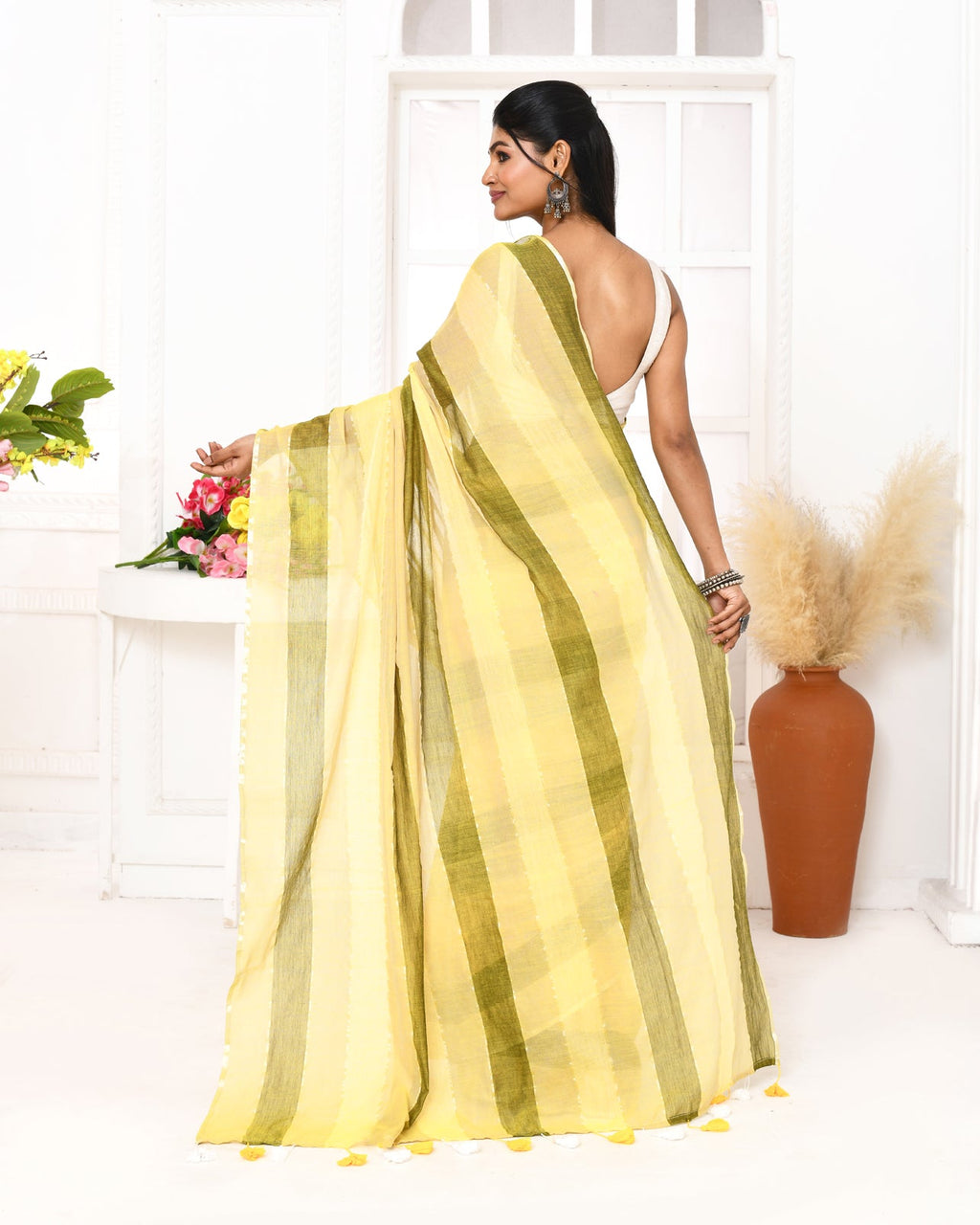 Piyari Fashion Multi Color Striped Mulmul Cotton Saree With Tassels - Distacart