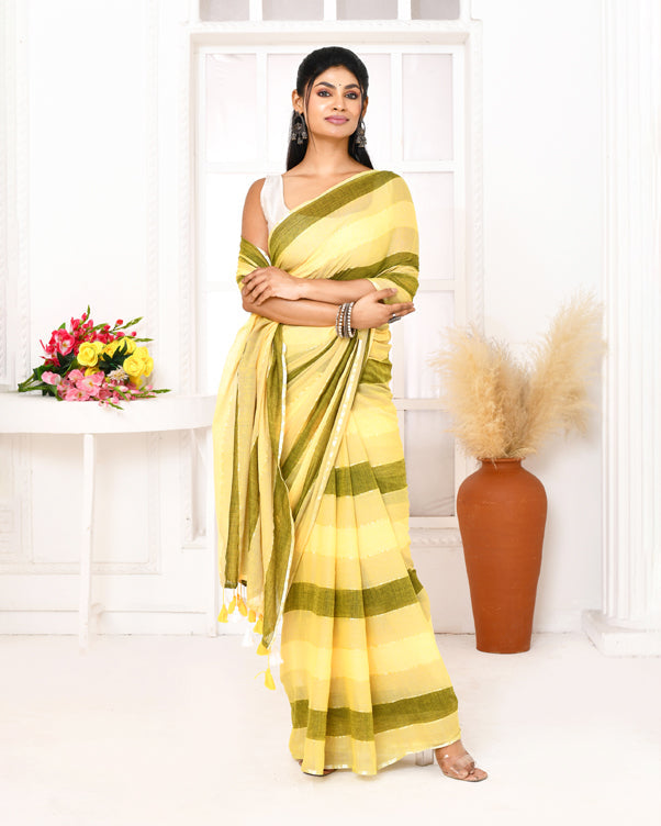 Piyari Fashion Multi Color Striped Mulmul Cotton Saree With Tassels - Distacart