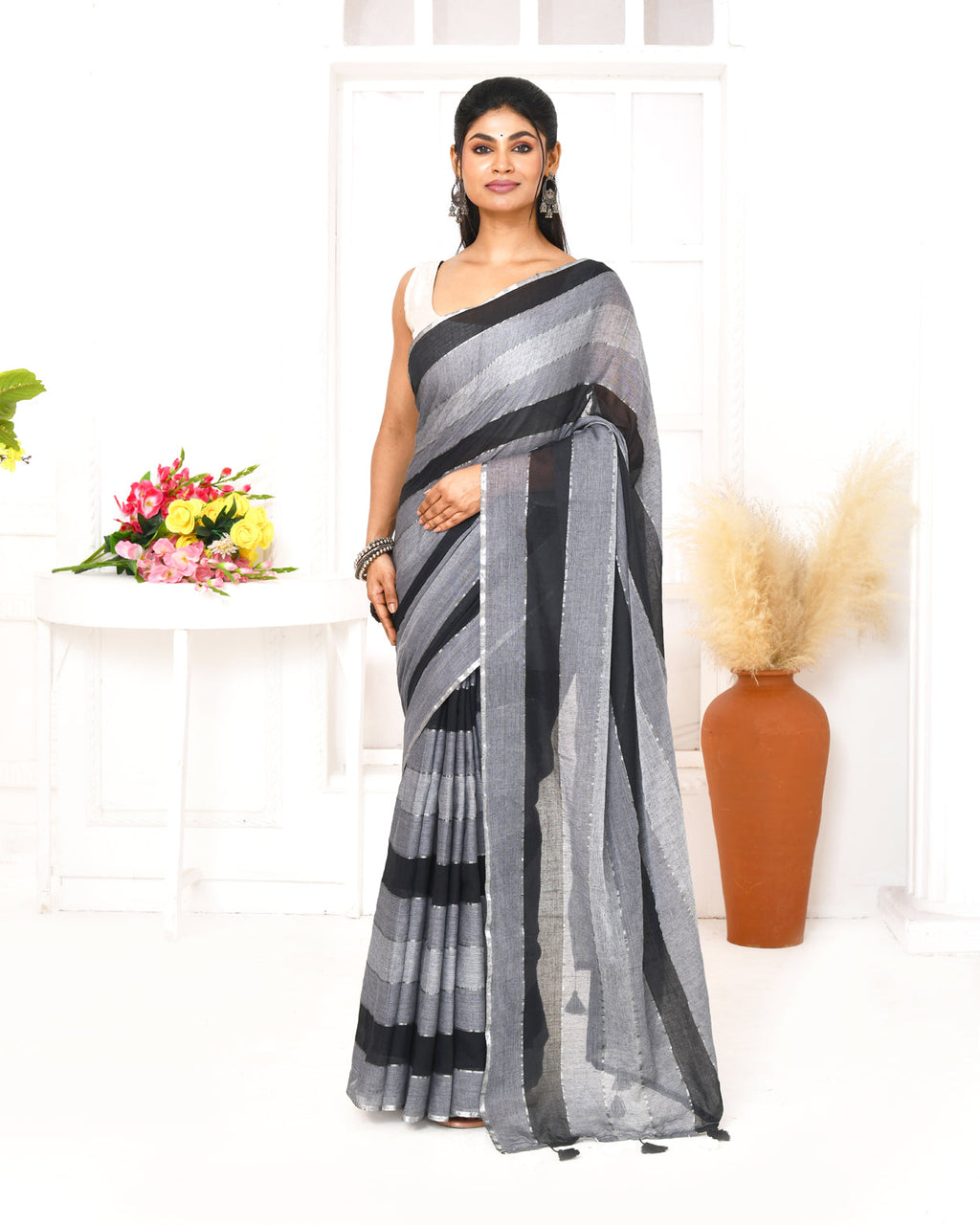 Piyari Fashion Grey Black Striped Mulmul Cotton Saree With Tassels - Distacart
