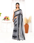 Piyari Fashion Grey Black Striped Mulmul Cotton Saree With Tassels - Distacart