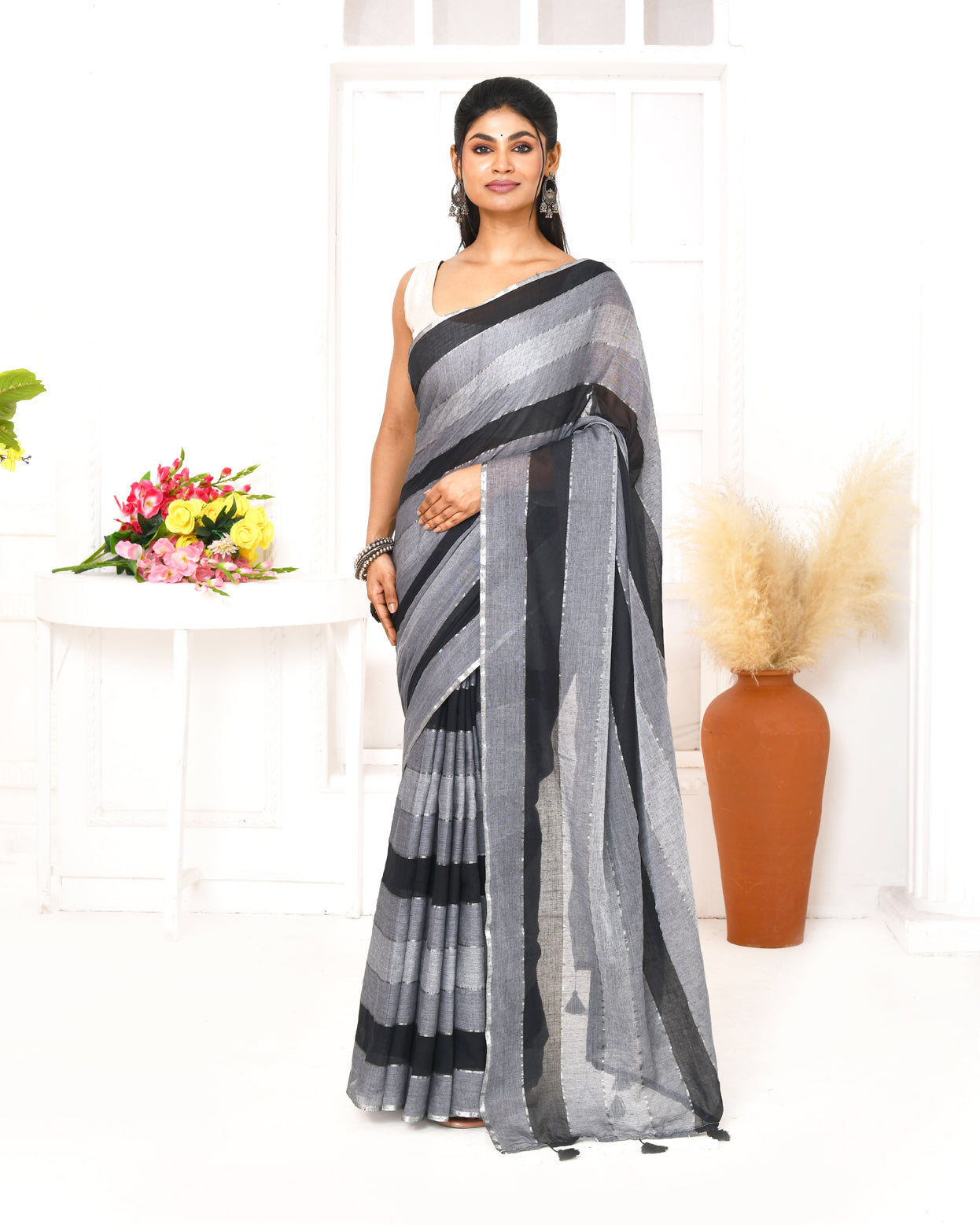 Piyari Fashion Grey Black Striped Mulmul Cotton Saree With Tassels - Distacart