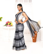 Piyari Fashion Grey Black Striped Mulmul Cotton Saree With Tassels - Distacart