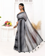 Piyari Fashion Grey Black Striped Mulmul Cotton Saree With Tassels - Distacart