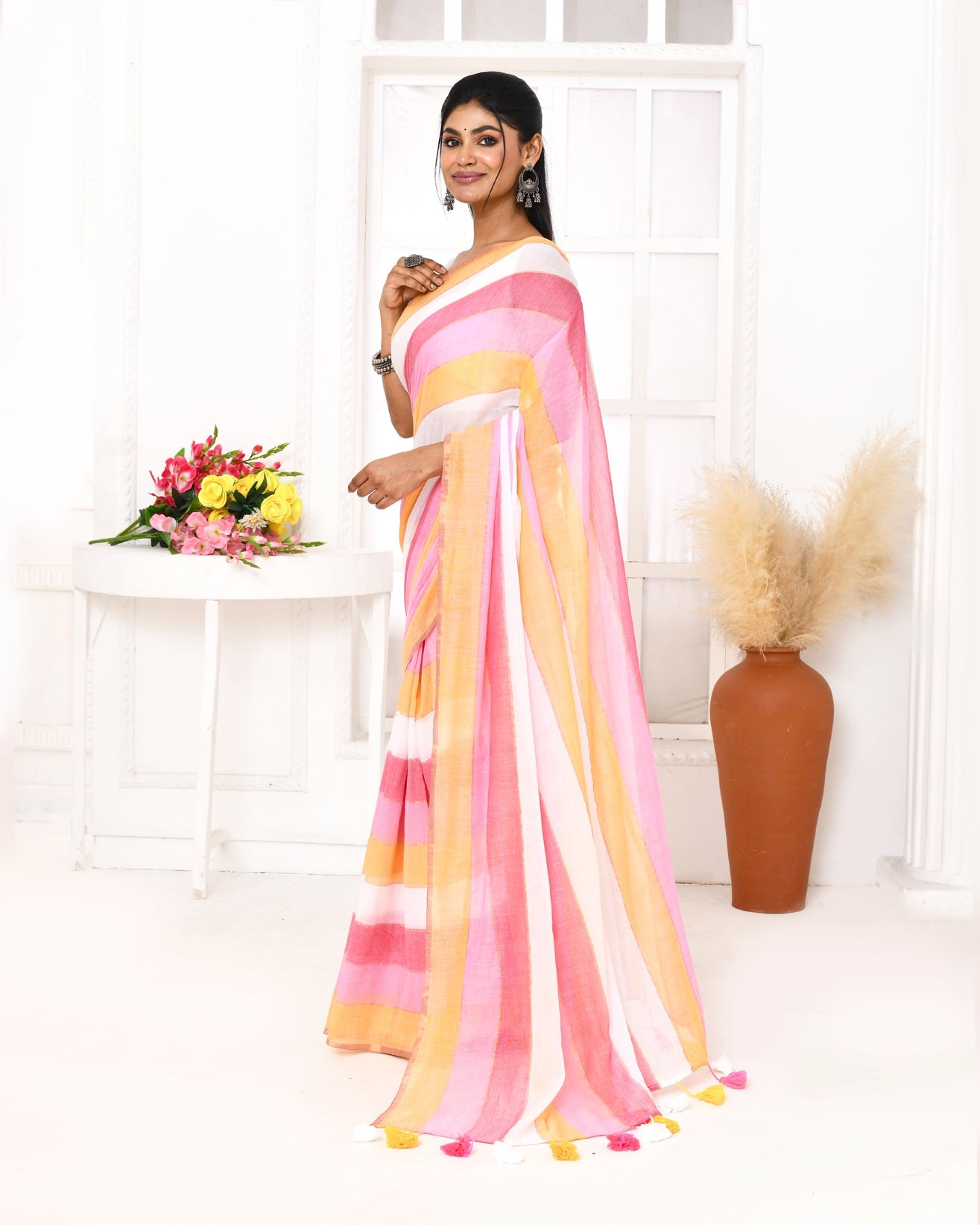Piyari Fashion Pink Striped Mulmul Cotton Saree With Tassels - Distacart