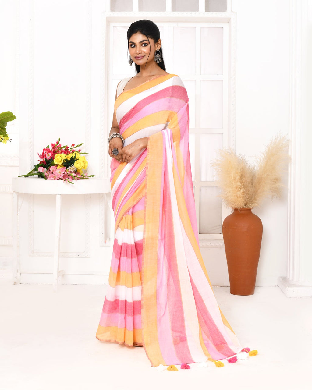 Piyari Fashion Pink Striped Mulmul Cotton Saree With Tassels - Distacart