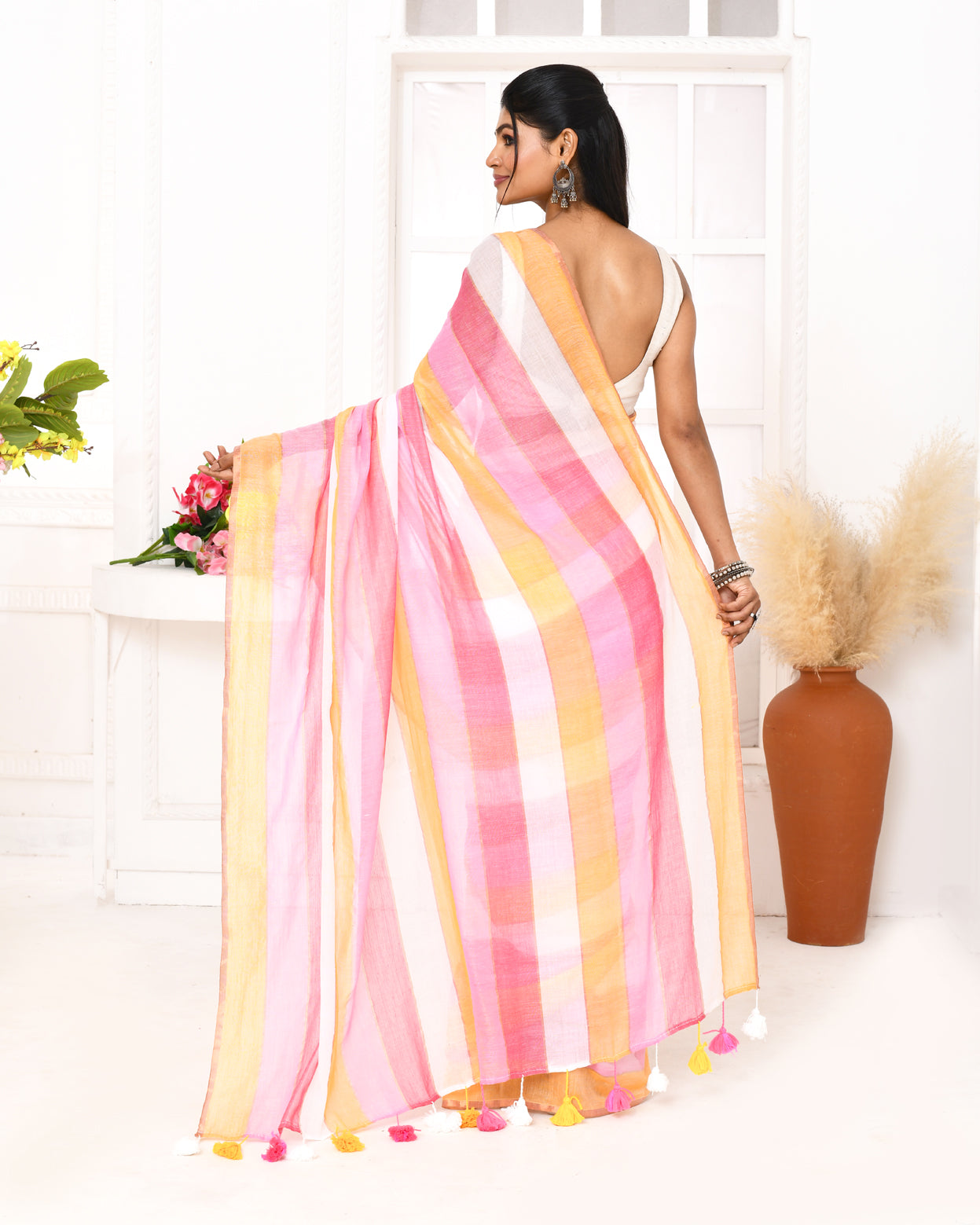 Piyari Fashion Pink Striped Mulmul Cotton Saree With Tassels - Distacart