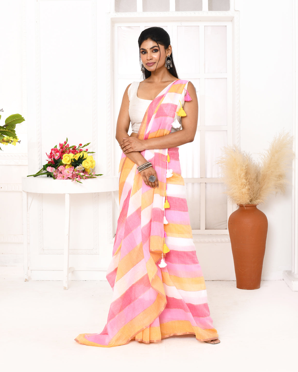 Piyari Fashion Pink Striped Mulmul Cotton Saree With Tassels - Distacart