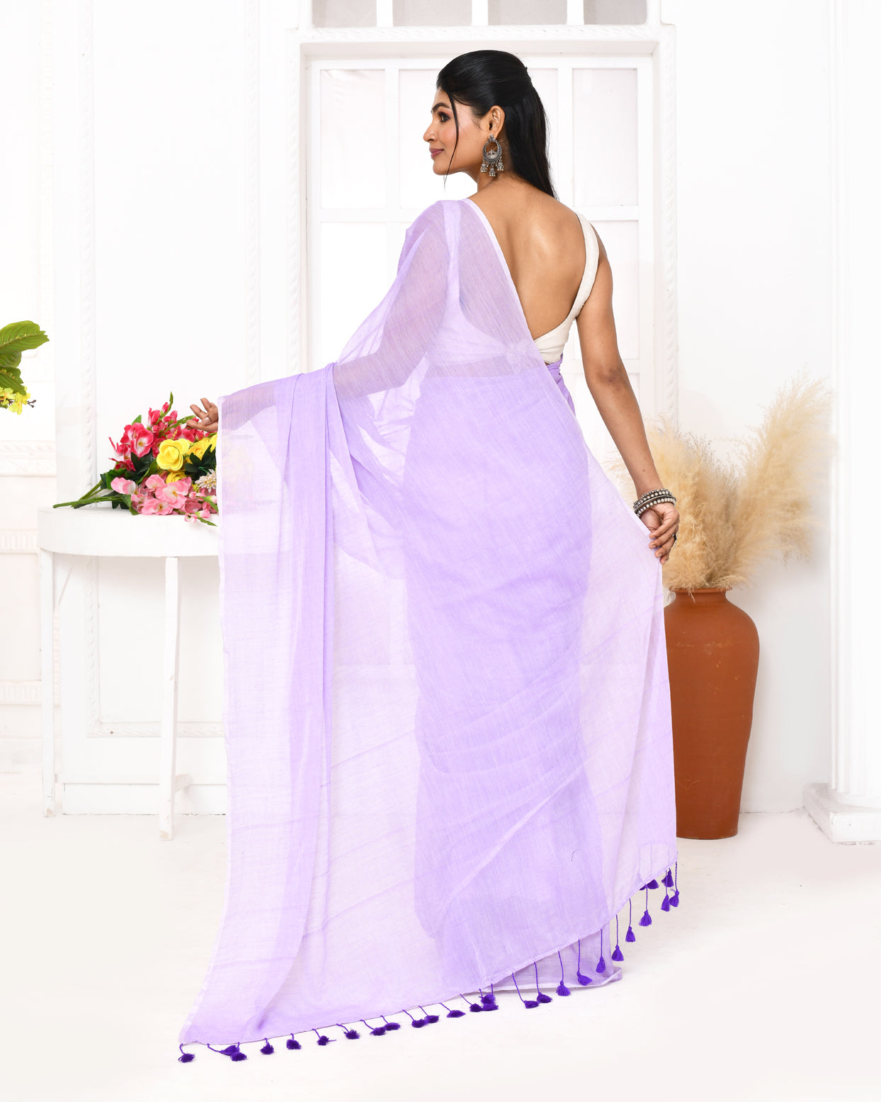 Piyari Fashion Lavender Mulmul Cotton Saree With Tassels - Distacart