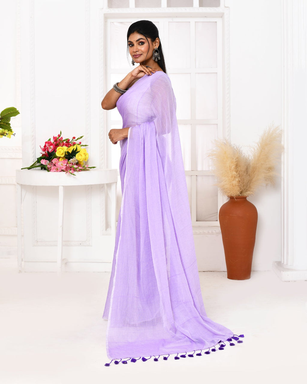 Piyari Fashion Lavender Mulmul Cotton Saree With Tassels - Distacart