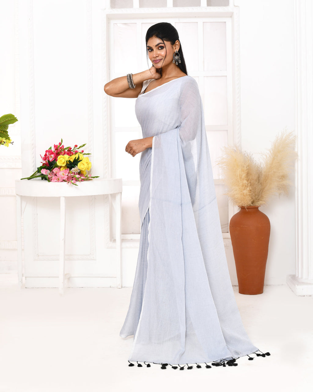 Piyari Fashion Silver Blue Mulmul Cotton Saree With Tassels - Distacart