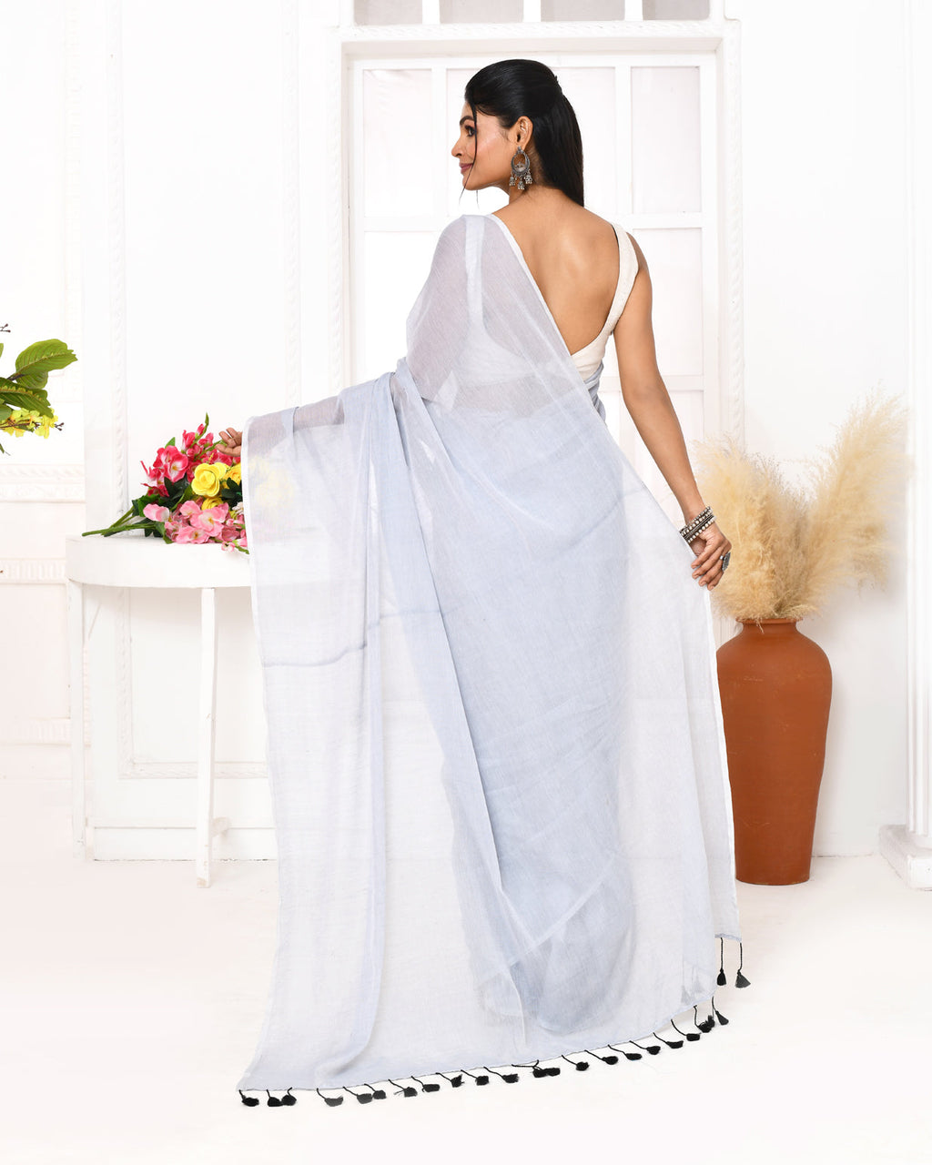 Piyari Fashion Silver Blue Mulmul Cotton Saree With Tassels - Distacart