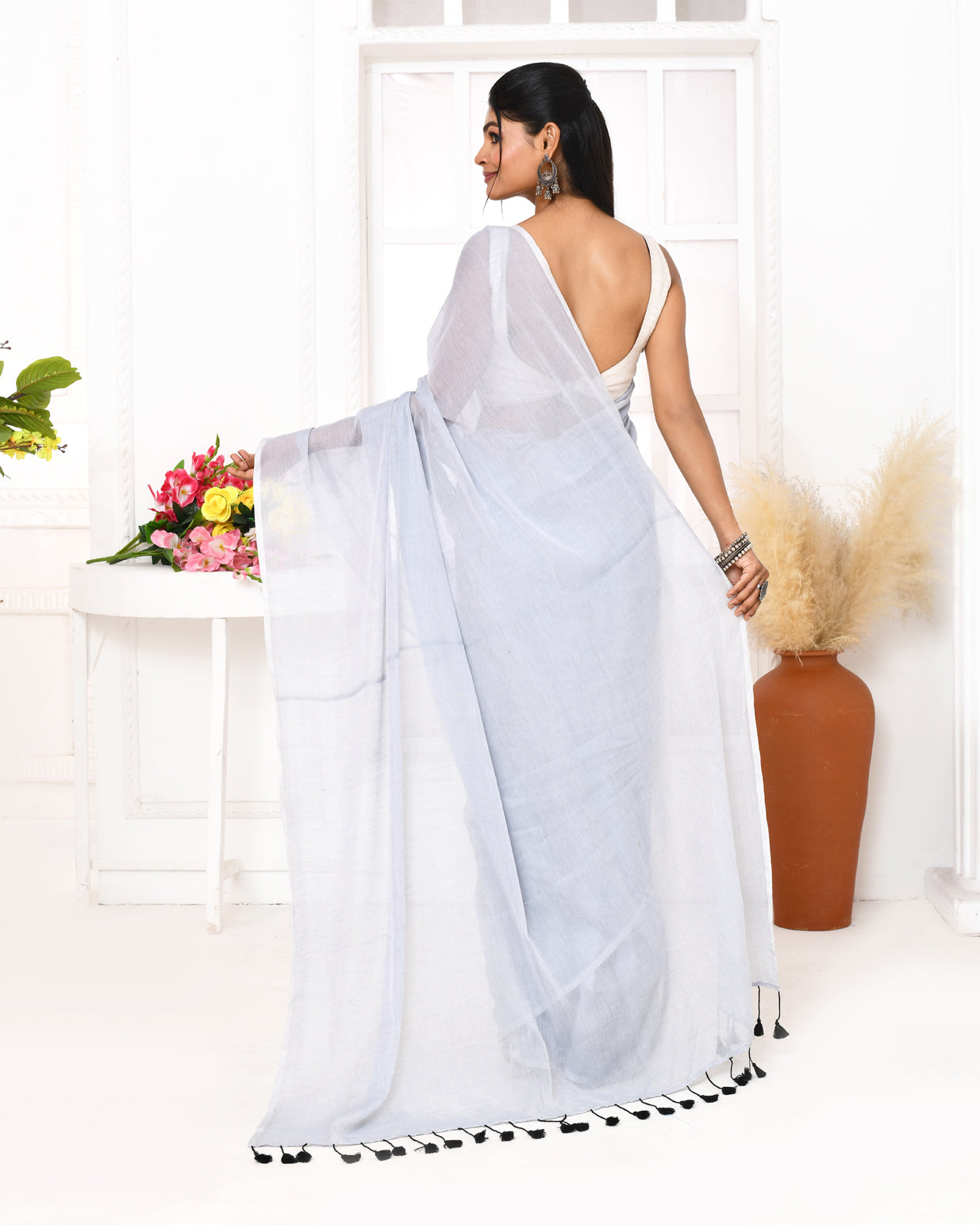 Piyari Fashion Silver Blue Mulmul Cotton Saree With Tassels - Distacart