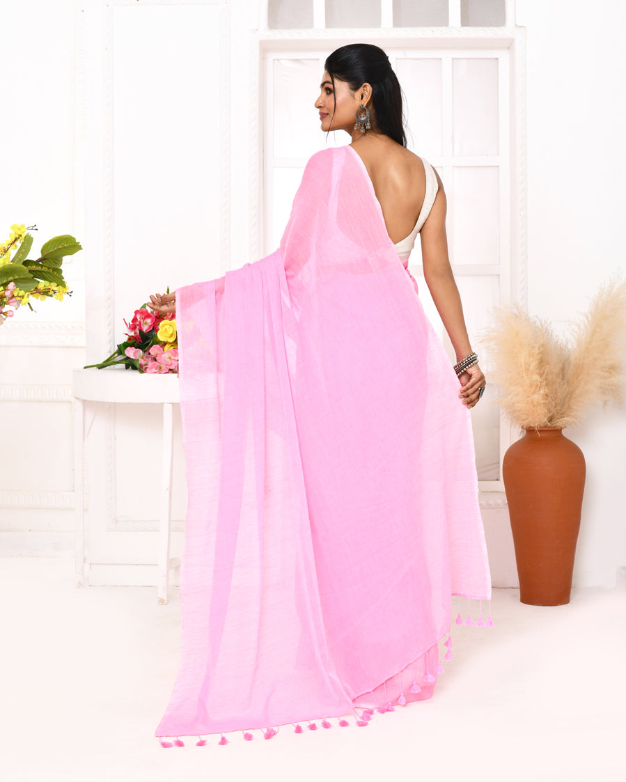 Piyari Fashion Pink Mulmul Cotton Saree With Tassels - Distacart