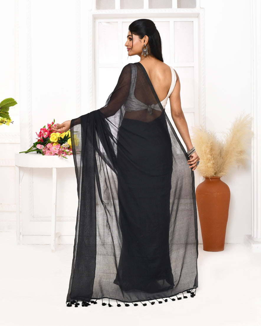 Piyari Fashion Black Mulmul Cotton Saree With Tassels - Distacart