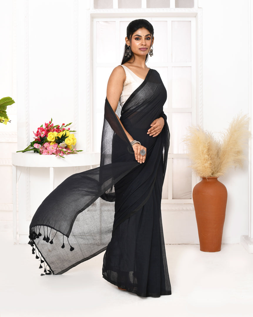 Piyari Fashion Black Mulmul Cotton Saree With Tassels - Distacart
