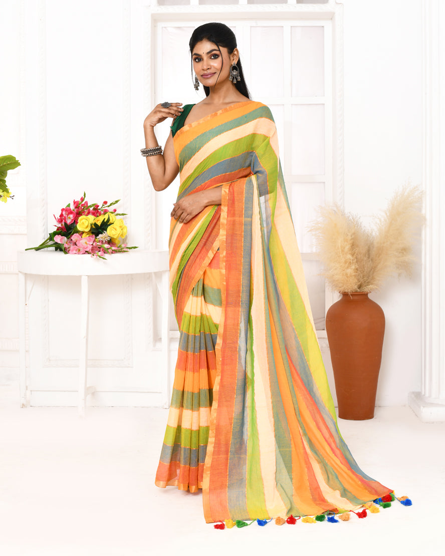 Piyari Fashion Multi Color Striped Mulmul Cotton Saree With Tassels - Distacart