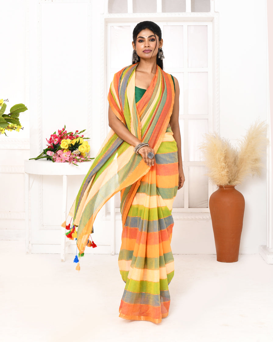 Piyari Fashion Multi Color Striped Mulmul Cotton Saree With Tassels - Distacart