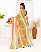 Piyari Fashion Multi Color Striped Mulmul Cotton Saree With Tassels - Distacart