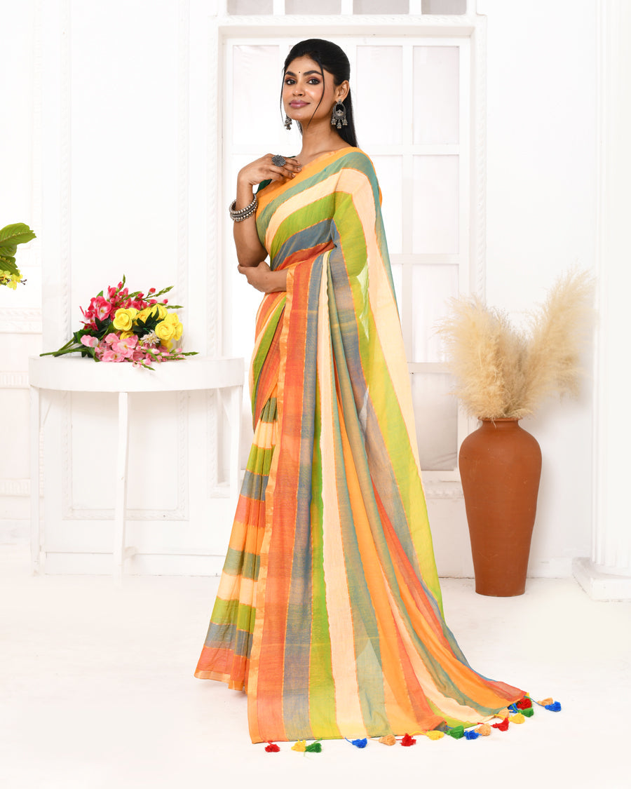 Piyari Fashion Multi Color Striped Mulmul Cotton Saree With Tassels - Distacart