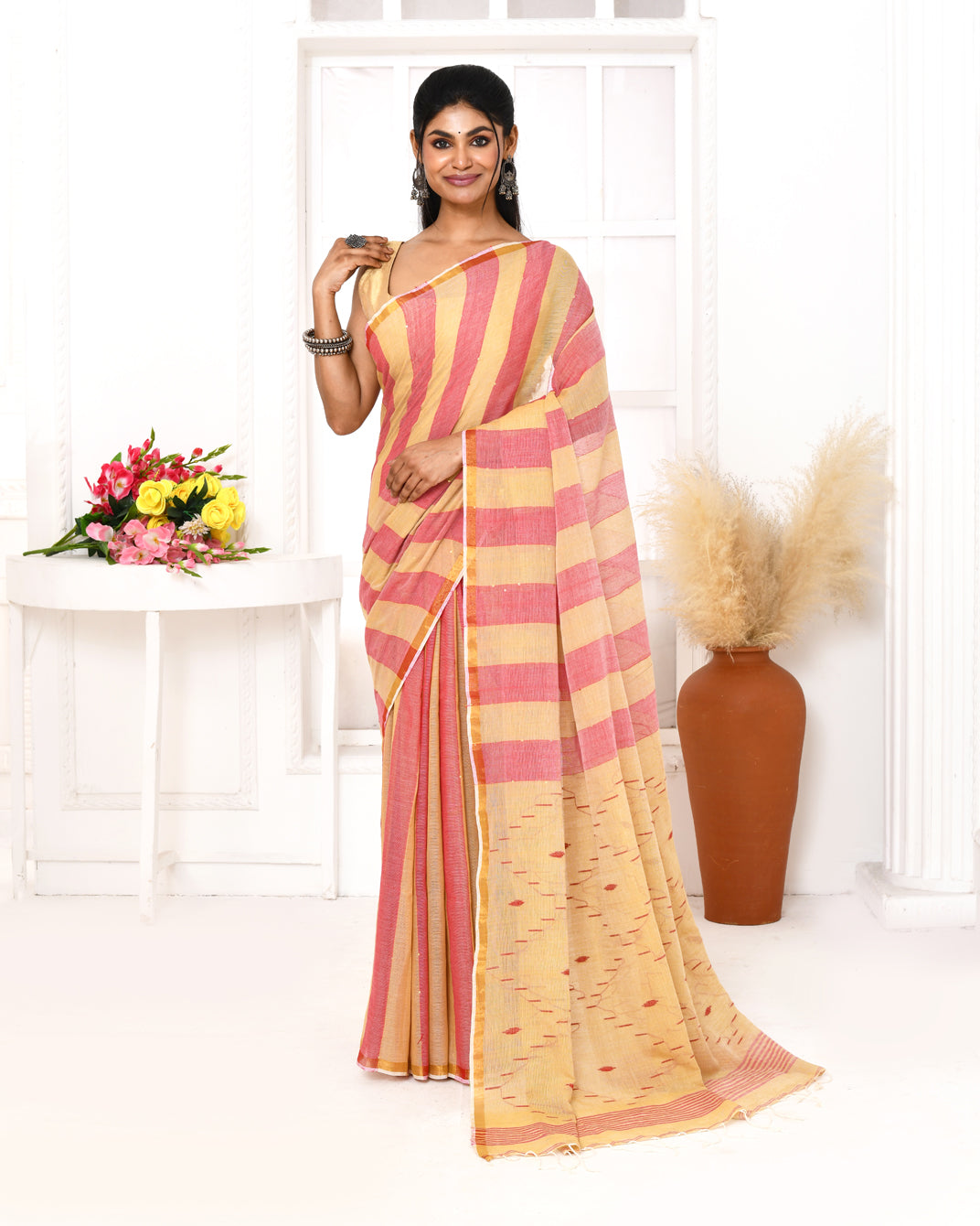 Piyari Fashion Women's Red Tangerine Cotton Handloom Jamdani Saree With Blouse - Distacart