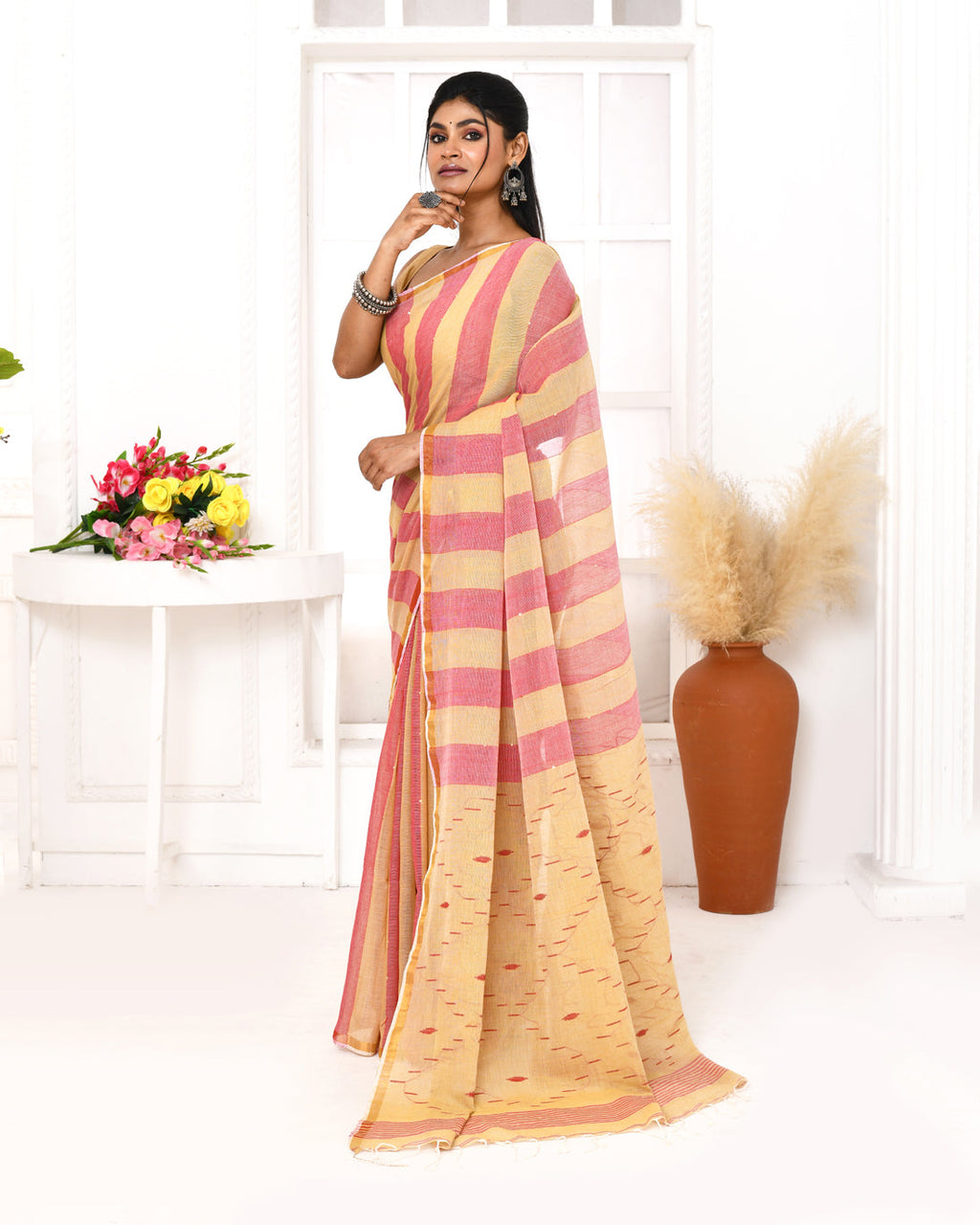 Piyari Fashion Women's Red Tangerine Cotton Handloom Jamdani Saree With Blouse - Distacart